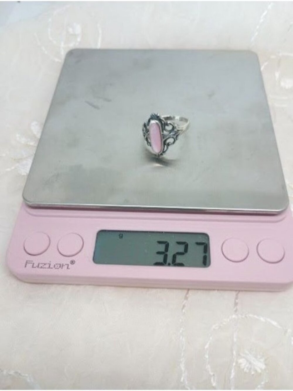 Vintage-Sterling Silver Pink Mother Of Pearl Inlay Filigree Ring Size 7.5 - Picture 6 of 7